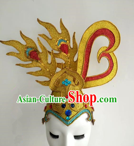 China Modern Dance Headpiece Opening Dance Hair Crown Women Group Dance Golden Hat Stage Performance Hair Accessories