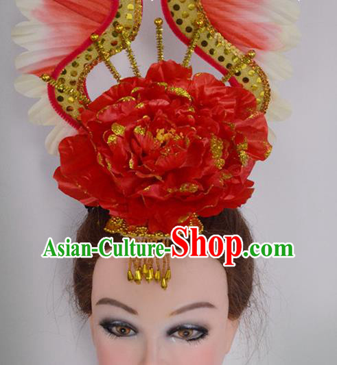 China Women Group Dance Hat Spring Festival Gala Flower Dance Hair Accessories Modern Dance Headpiece Opening Dance Red Peony Hair Crown