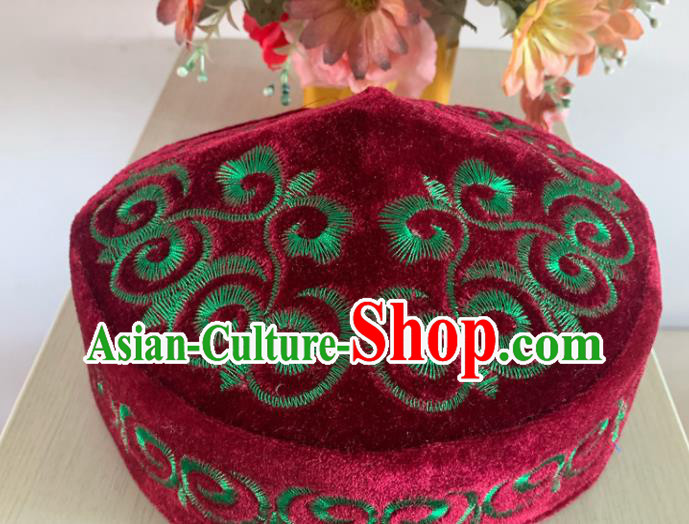 Chinese Kazak Nationality Embroidered Wine Red Pleuche Hat Xinjiang Minority Folk Dance Headdress Ethnic Male Performance Headwear