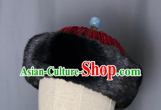 China Qing Dynasty Official Headdress Ancient Minister Winter Hat Traditional Manchu Royal Highness Headwear for Men