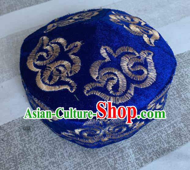 Chinese Kazak Nationality Dance Blue Pleuche Hat Xinjiang Kazakh Minority Male Headdress Ethnic Stage Performance Headwear