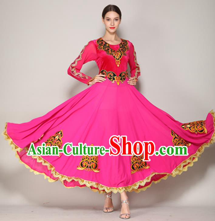 Chinese Ethnic Garment Costume Uyghur Nationality Stage Performance Rosy Dress Xinjiang Uighur Minority Dance Clothing