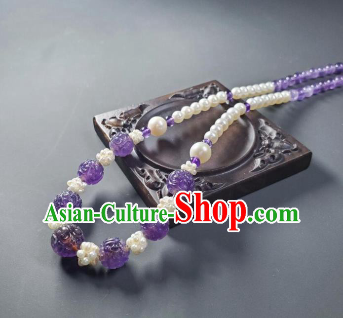 China Handmade Amethyst Jewelry Ancient Palace Lady Necklace Accessories Qing Dynasty Empress Pearls Necklet