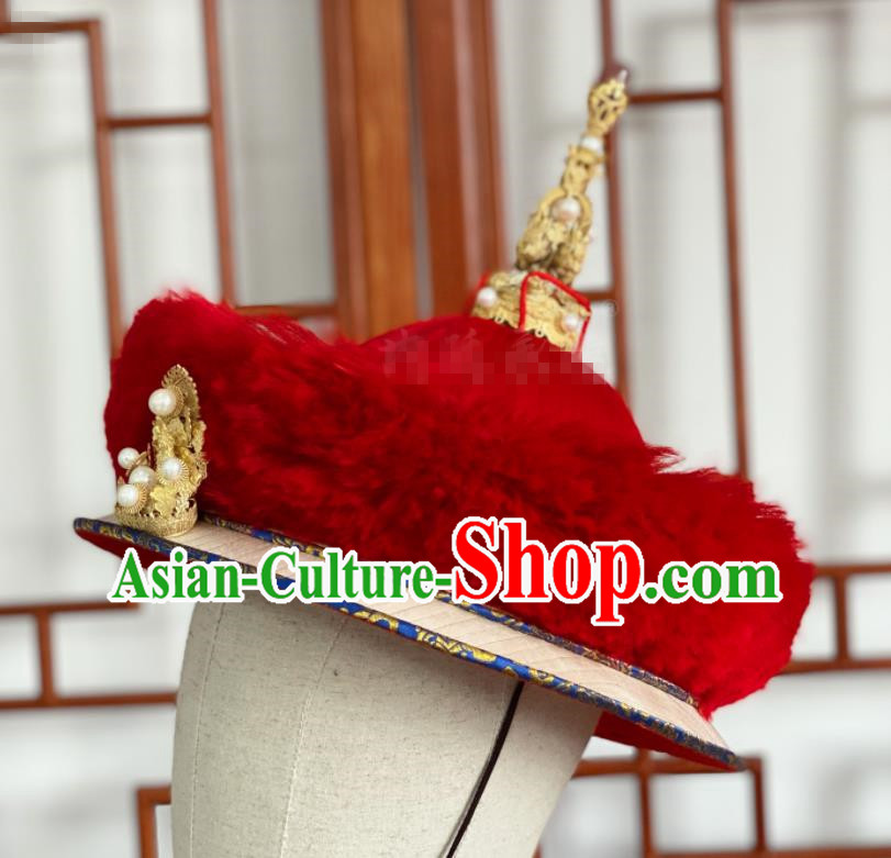 China Qing Dynasty Majesty Lord Headdress Ancient Emperor Pearls Hat Traditional Manchu King Kangxi Headwear for Men