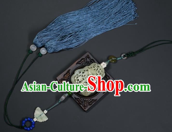 China Handmade Belt Jade Sachet Ancient Swordsman Blue Tassel Pendant Traditional Hanfu Waist Accessories