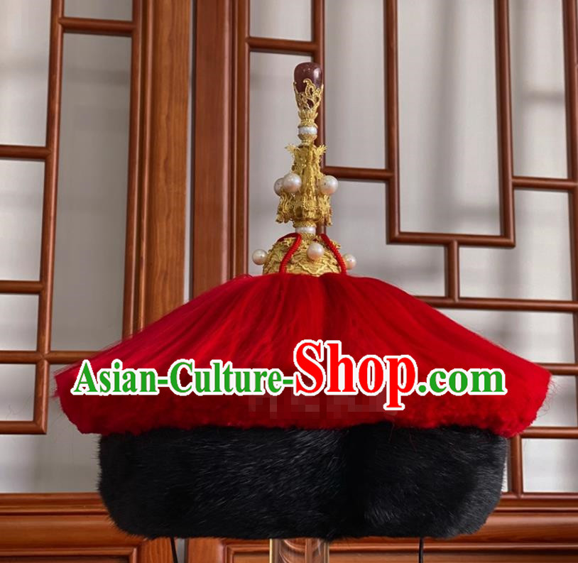 China Traditional Manchu Monarch Kangxi Headwear Qing Dynasty Majesty Lord Headdress Ancient Emperor Winter Fur Hat for Men