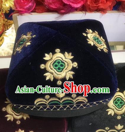 Chinese Uyghur Nationality Square Hat Uighur Minority Performance Headdress Xinjiang Ethnic Male Embroidered Navy Pleuche Headwear