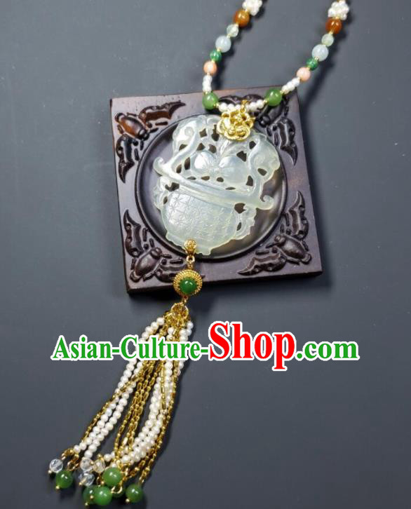 China Qing Dynasty Empress Pearls Tassel Necklet Handmade Jade Carving Flower Basket Jewelry Ancient Palace Lady Necklace Accessories