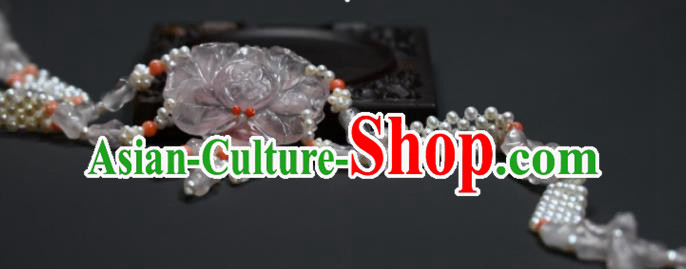 China Handmade Rose Quartz Carving Peony Jewelry Ancient Princess Necklace Accessories Qing Dynasty Palace Lady Pearls Necklet