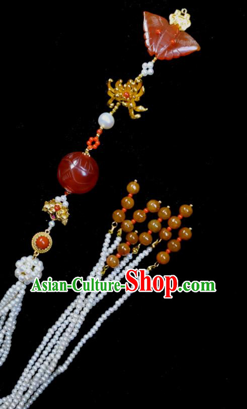 Chinese Ancient Empress Beads Tassel Brooch Traditional Agate Butterfly Pendant Qing Dynasty Court Woman Pearls Jewelry