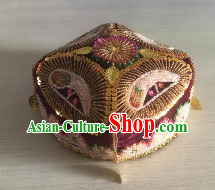 China Uighur Minority Stage Performance Sequins Headdress Xinjiang Ethnic Female Purple Hat Uyghur Nationality Dance Headwear