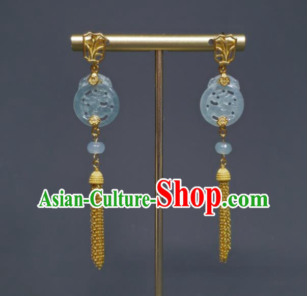 Handmade Chinese Qing Dynasty Court Eardrop Golden Tassel Ear Accessories National Jade Earrings Traditional Cheongsam Ear Jewelry