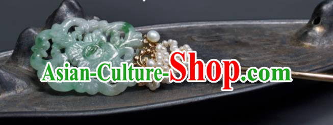 Chinese Ancient Empress Jade Hairpin Traditional Qipao Dress Hair Accessories Handmade Qing Dynasty Court Woman Pearls Hair Stick