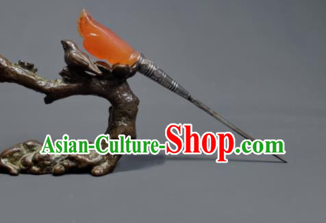 Chinese Handmade Qing Dynasty Court Woman Agate Mangnolia Hair Stick Ancient Imperial Consort Silver Hairpin Traditional Qipao Dress Hair Accessories