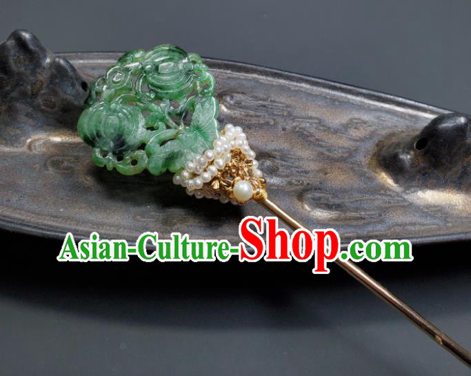 Chinese Traditional Qipao Dress Hair Accessories Handmade Qing Dynasty Court Woman Jade Butterfly Hair Stick Ancient Imperial Consort Pearls Hairpin