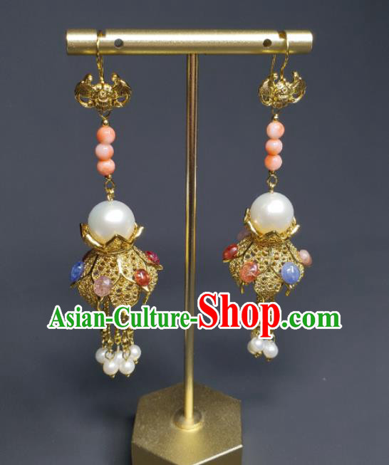 Handmade Chinese Qing Dynasty Eardrop Golden Lotus Lantern Ear Accessories National Pearls Tassel Earrings Traditional Cheongsam Ear Jewelry
