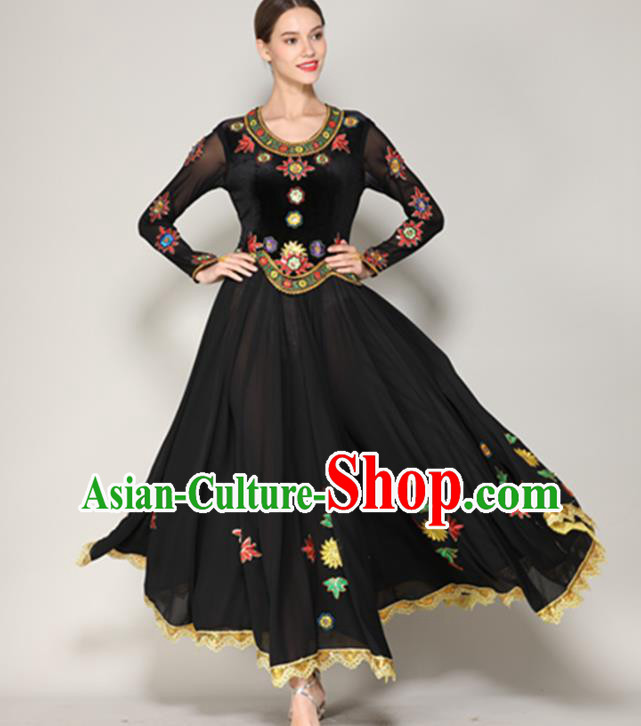 Chinese Uyghur Nationality Stage Performance Black Dress Xinjiang Uighur Minority Dance Clothing Ethnic Garment Costume