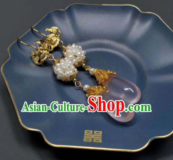 Handmade Chinese Traditional Cheongsam Ear Jewelry Qing Dynasty Eardrop Golden Bat Ear Accessories National Pearls Earrings