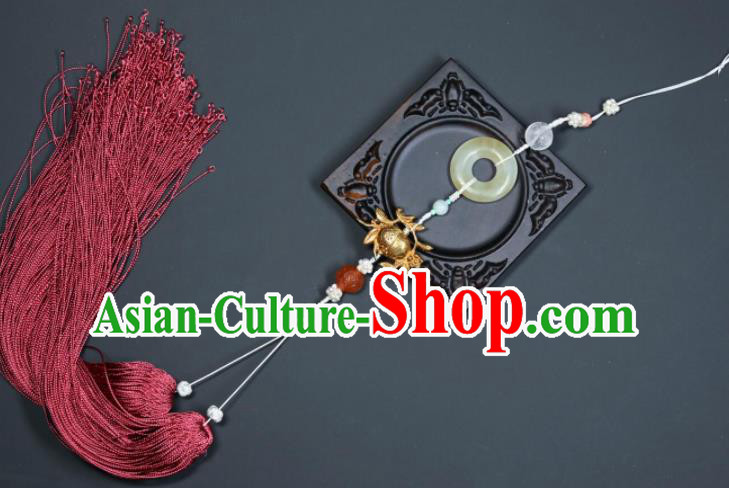 China Handmade Jade Ring Belt Jewelry Ancient Swordsman Wine Red Tassel Pendant Traditional Hanfu Waist Accessories