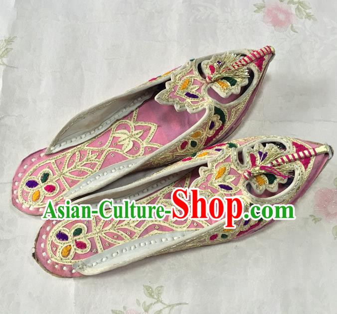 Handmade Asian Nepal Bride Shoes India Embroidery Pointed Shoes Female Pink Leather Slippers Indian Wedding Bride Shoes