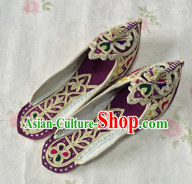 Handmade Indian Wedding Bride Shoes Asian Nepal Bride Shoes India Embroidery Pointed Shoes Female Purple Leather Slippers