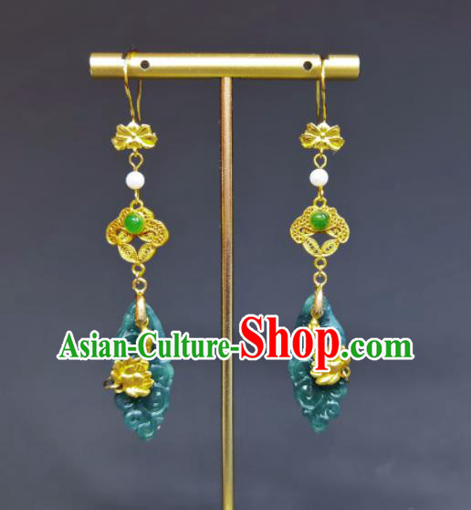 Handmade Chinese National Jadeite Earrings Cheongsam Ear Jewelry Golden Lotus Eardrop Traditional Silver Ear Accessories