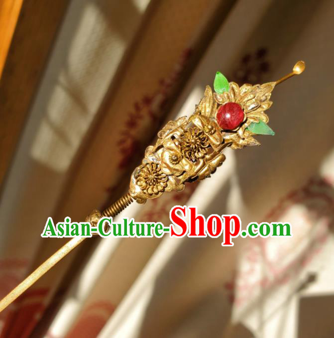 Chinese Ancient Empress Golden Hairpin Traditional Qipao Dress Headpiece Handmade Qing Dynasty Queen Ruby Hair Stick