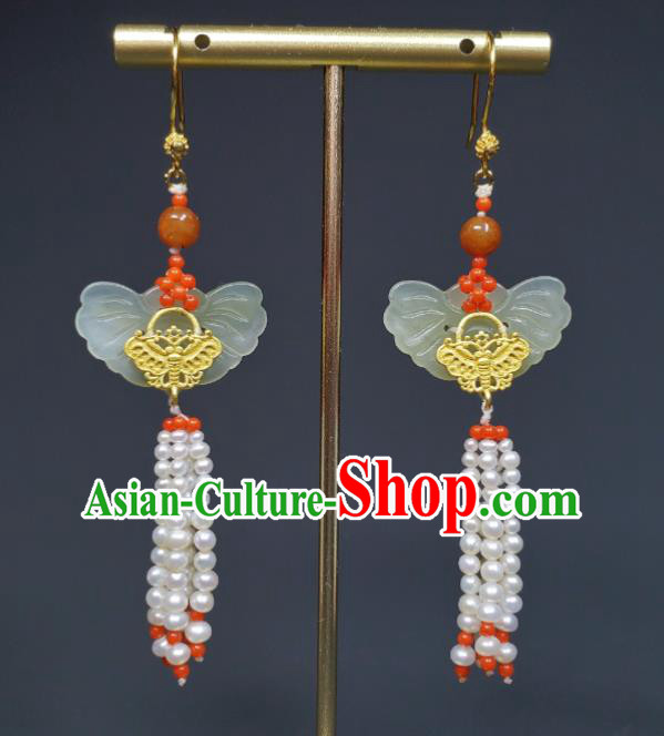 Handmade Chinese Traditional Jade Butterfly Ear Accessories National Pearls Tassel Earrings Cheongsam Ear Jewelry Qing Dynasty Imperial Consort Eardrop