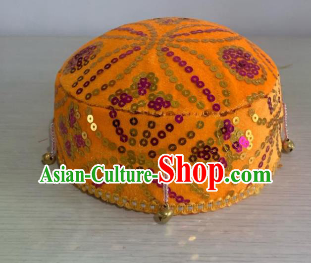 Chinese Uyghur Nationality Dance Yellow Hat Uighur Minority Performance Sequins Headdress Xinjiang Ethnic Male Headpiece