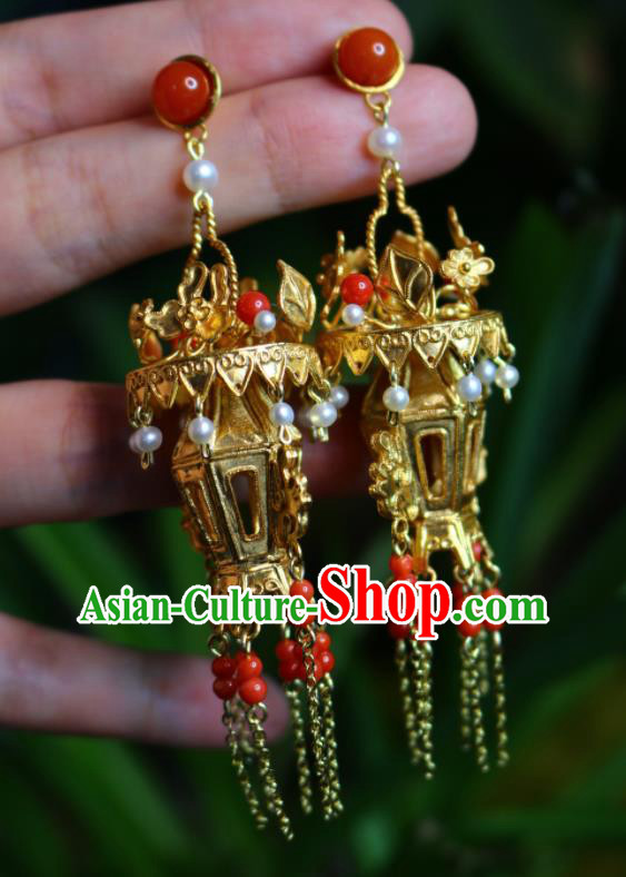Handmade Chinese National Golden Lantern Earrings Cheongsam Ear Jewelry Qing Dynasty Court Eardrop Traditional Silver Ear Accessories
