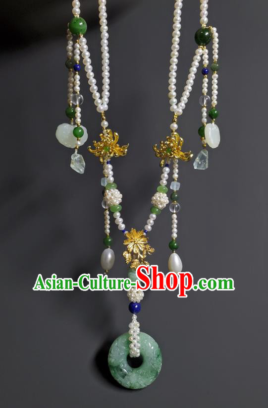 China Qing Dynasty Empress Jadeite Carving Necklet Handmade Pearls Tassel Jewelry Ancient Imperial Consort Necklace Accessories