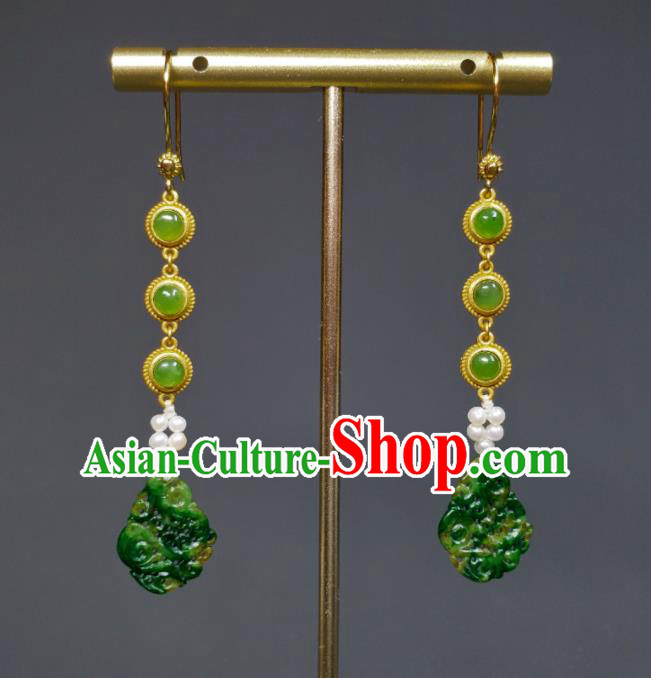 Handmade Chinese Traditional Ear Accessories National Jadeite Carving Earrings Cheongsam Ear Jewelry Silver Eardrop