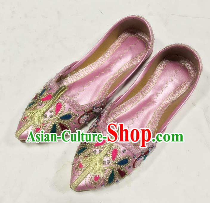 Handmade India Wedding Bride Shoes Folk Dance Shoes Asian Female Embroidered Shoes Indian Dance Pink Leather Shoes