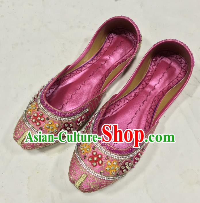 Handmade Indian Female Rosy Leather Shoes India Wedding Bride Shoes Folk Dance Shoes Asian Embroidered Shoes
