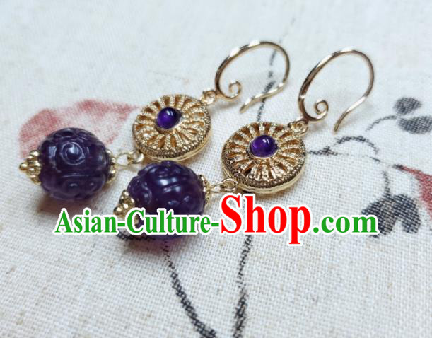 Handmade Chinese Traditional Amethyst Eardrop Cheongsam Ear Jewelry Ear Accessories National Golden Earrings