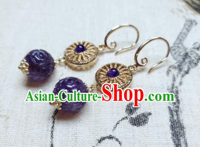 Handmade Chinese Traditional Amethyst Eardrop Cheongsam Ear Jewelry Ear Accessories National Golden Earrings