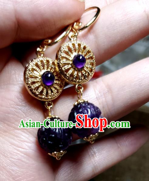 Handmade Chinese Traditional Amethyst Eardrop Cheongsam Ear Jewelry Ear Accessories National Golden Earrings