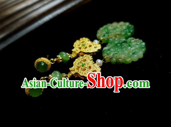 Handmade Chinese National Golden Earrings Traditional Palace Eardrop Cheongsam Ear Jewelry Jadeite Ear Accessories