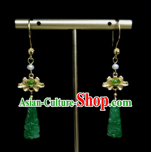 Handmade Chinese Golden Lotus Eardrop Cheongsam Ear Accessories National Jadeite Earrings Traditional Ear Jewelry