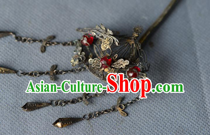 Chinese Traditional Tassel Hair Accessories Handmade Qing Dynasty Silver Hair Stick Ancient Princess Gems Hairpin