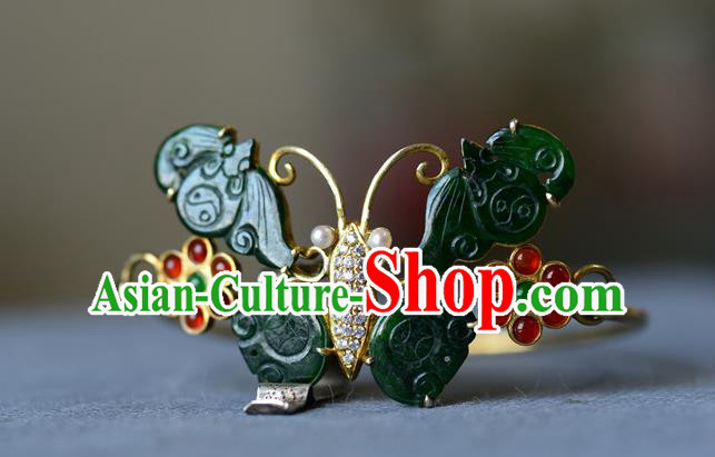 China Handmade Jade Butterfly Bangle Jewelry Qing Dynasty Silver Bracelet Traditional Wristlet Accessories
