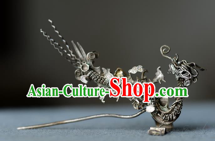 Chinese Handmade Qing Dynasty Filigree Dragon Hair Stick Ancient Empress Silver Hairpin Traditional Vintage Hair Accessories