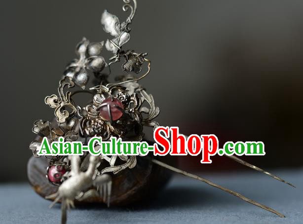 Chinese Ancient Empress Silver Hairpin Traditional Court Hair Accessories Handmade Qing Dynasty Imperial Consort Ruby Hair Stick
