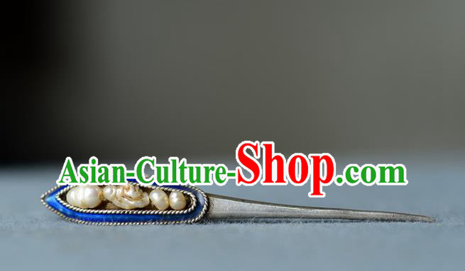 Chinese Handmade Qing Dynasty Imperial Consort Pearls Hair Stick Ancient Court Woman Silver Hairpin Traditional Qipao Cloisonne Hair Accessories