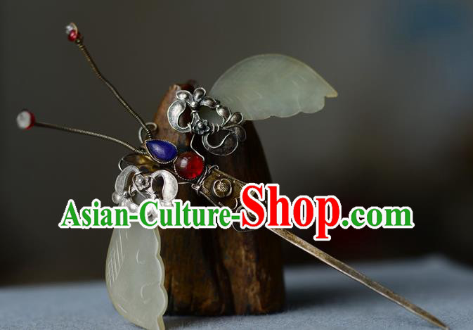 Chinese Traditional Gems Hair Accessories Handmade Qing Dynasty Imperial Consort Jade Hair Stick Ancient Court Woman Silver Butterfly Hairpin