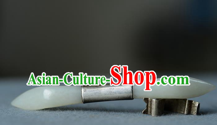 Chinese Handmade Qing Dynasty Imperial Consort Hair Crown Ancient Court Woman Silver Hairpin Traditional Hetian Jade Hair Accessories