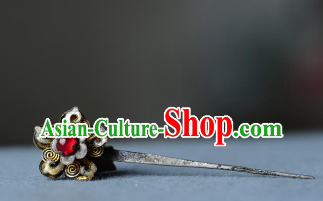 Chinese Traditional Ruby Hair Accessories Handmade Qing Dynasty Court Woman Hair Stick Ancient Palace Lady Silver Hairpin