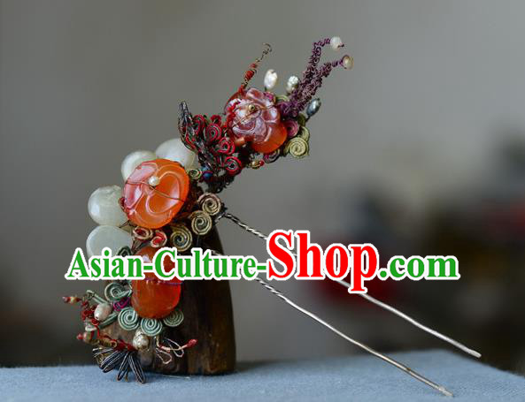 Chinese Handmade Qing Dynasty Court Woman Agate Hair Comb Ancient Empress Silver Hairpin Traditional Jade Hair Accessories