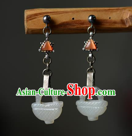 Handmade Chinese Traditional Hetian Jade Eardrop Cheongsam Ear Jewelry Silver Ear Accessories National Earrings