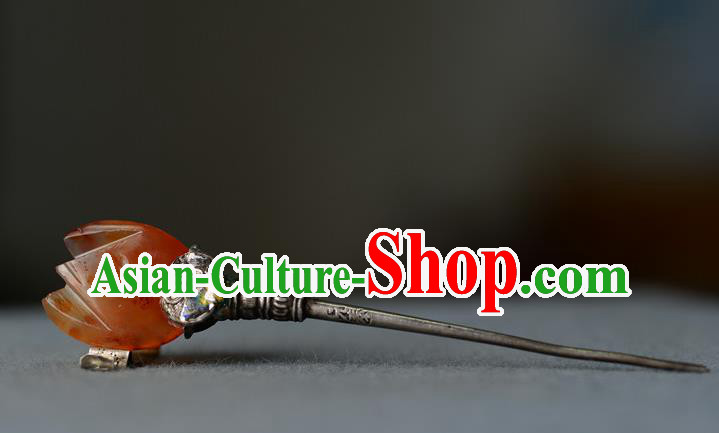 Chinese Handmade Qing Dynasty Court Woman Hair Stick Ancient Imperial Consort Agate Hairpin Traditional Silver Headpiece
